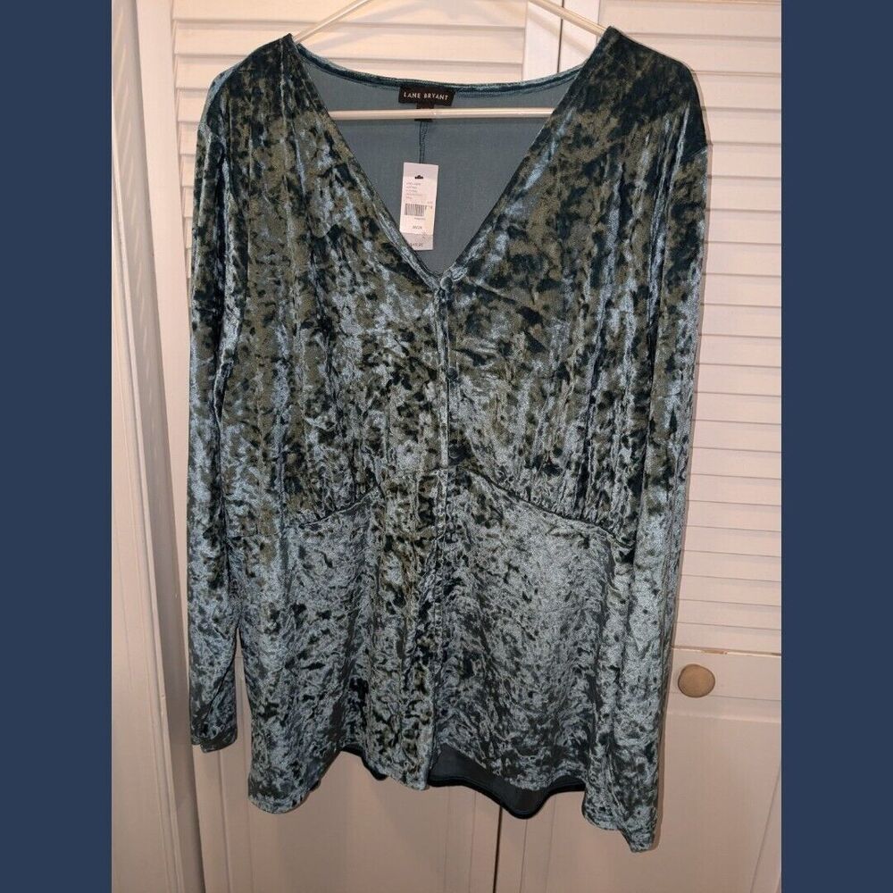 Lane Bryant Teal Blue Crushed Velvet V-neck Blouse Top Plus Size 26 28